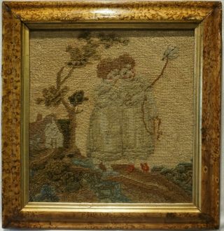 Small Mid/late 19th Century Needlepoint Of Two Girls With A Bird - C.  1870