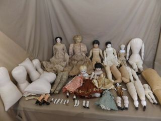 Huge Antique Vintage Modern China Dolls Germany ? Blond Kid Leather Parts Bodies