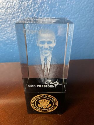 Barack Obama 3d Paperweight Crystal Glass Laser Etched Hologram Square 3 "