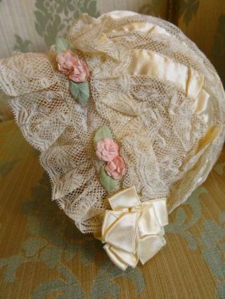 A Stunning Antique Valenciennes Lace & Silk Bonnet With Tiny Roses