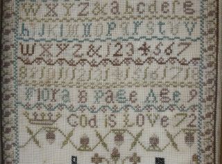 Small ANTIQUE NEEDLEWORK SAMPLER by FLORA B.  PAGE 1872 3