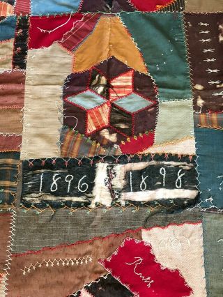 Antique 1896 1898 " Ruth " Feather Stitched Crazy Quilt Full