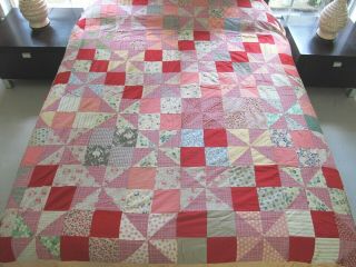 Vintage Feed Sack Hand Pieced Pinwheel Four Patch Quilt Top; 86 " X 82 ",  Good