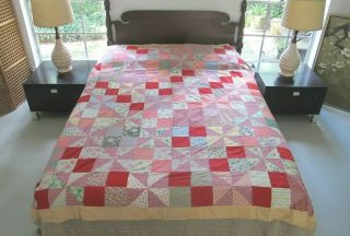 Vintage Feed Sack Hand Pieced PINWHEEL FOUR PATCH Quilt TOP; 86 