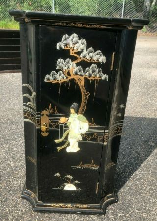 Vintage Asian Black Lacquer Storage Cabinet Mother Of Pearl & Asian Designs