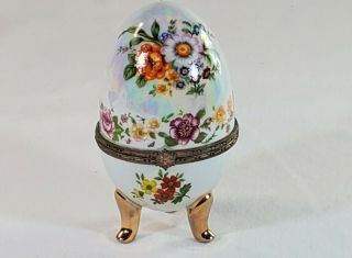 Footed Egg Shaped Hinged Floral Trinket Box Ring Box Pearlized Iridescent Glaze