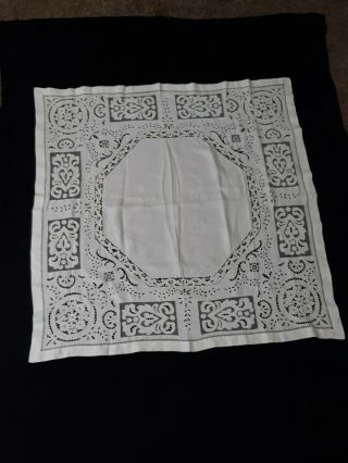 45 Inch Square White Linen Antique Tablecloth With Cut Work And Embroidery