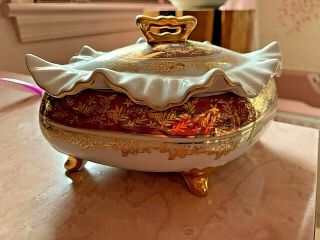 Titov Veles Jugo Vintage Porcelain Gilt Gold & Maroon Ruffled Footed Box