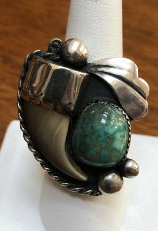 Large Vintage Navajo Native American Silver,  Turquoise & Claw Ring Size 8.  5