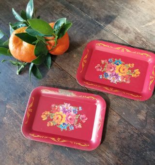 2 Matching Vintage Toleware Tin Mini Tray Red With Multi Flowers Set B