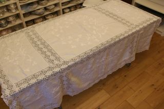 Xl Vintage Irish Linen White Hand Embroidery & Lace Tablecloth Large 207x184cm