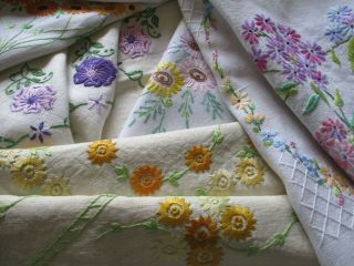 Vintage Bundle Of 5 Lovely Hand Embroidered Tablecloths - All Pretty Floral Design