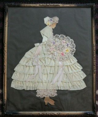 Antique Hand Crafted Crinoline Lady In Unusual Frame - 11x 9 " - 19th C.