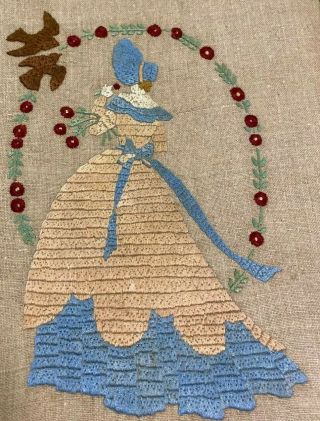 VINTAGE HAND EMBROIDERED PICTURE PANEL STUNNING CRINOLINE LADY BIRDS & FLOWERS 2