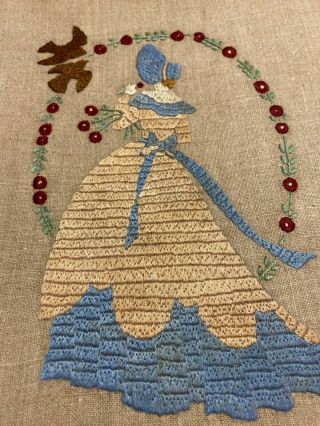 VINTAGE HAND EMBROIDERED PICTURE PANEL STUNNING CRINOLINE LADY BIRDS & FLOWERS 3