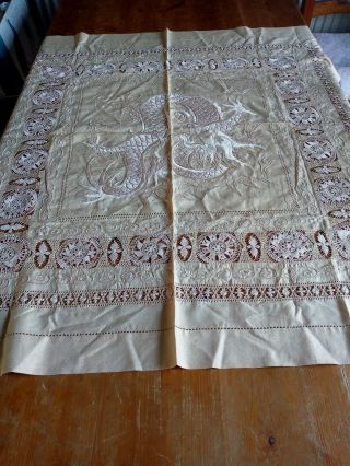 Antique 1910s 1920s Chinese Manila Silk Hand - Embroidered Dragon Tablecloth 34 "
