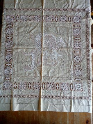 Antique 1910s 1920s Chinese Manila Silk Hand - Embroidered dragon tablecloth 34 