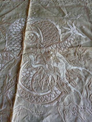 Antique 1910s 1920s Chinese Manila Silk Hand - Embroidered dragon tablecloth 34 