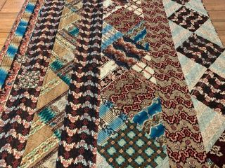 Early Study C 1830 - 40s Patch Quilt Pc Antique Prussian Blue Browns Chintz