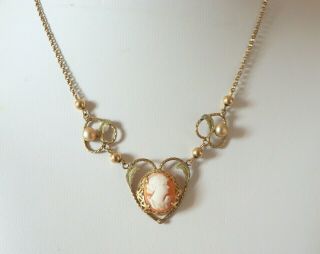 C1930s Antique 12k Rose Gold Filled Cameo & Pearl Necklace Heart Vintage