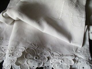 Delightful Antique French Pure Linen Sheet Embroidered Scallops V.  Large Monogram