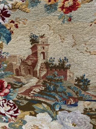 Antique English Needlepoint Petit Point 19th C Victorian Tapestry Castle Floral 2