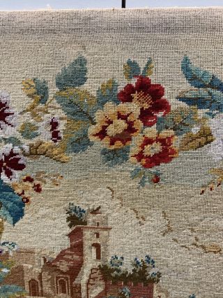 Antique English Needlepoint Petit Point 19th C Victorian Tapestry Castle Floral 3