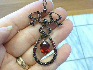 Antique Vintage Victorian Red Garnet Dangling Pendant Necklace Ribbon Pin Brooch