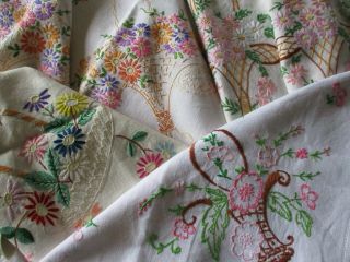 Vintage Bundle Of 4 Lovely Hand Embroidered Tablecloths - Pretty Floral Baskets