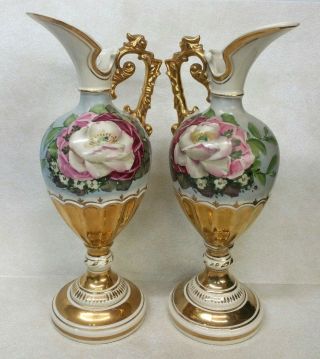 Vintage Porcelain Urn Vases Gilted Gold Floral Painted 12 3/4 " Height
