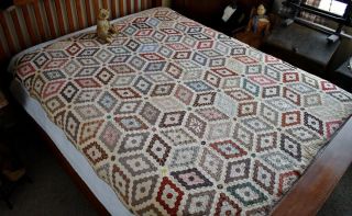 Antique 19th C Hand Stitched Field Of Diamonds Tumbling Blocks Quilt