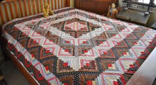 Antique 19th C Hand Stitched Calico Log Cabin Quilt