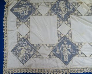 An Antique French Silk Table Cloth With Hand Worked Filet Lace & Figural Panels
