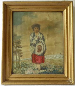 Antique Early 19th Century Silk Embroidery Of A Young Girl C1810 - 20