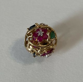 Vintage 10k Yellow Gold Emerald Ruby Sapphire Flower Pendant Ball For Necklace