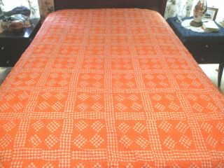 Antique Completely Hand Stitched Orange & White Quilt,  Reversible Queen / Full