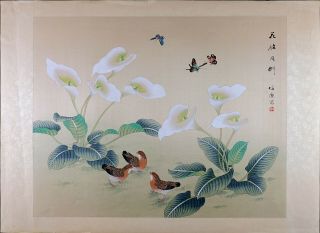 Vintage Oriental Painting,  Birds,  Butterflies And Flowers,  Watercolor On Silk