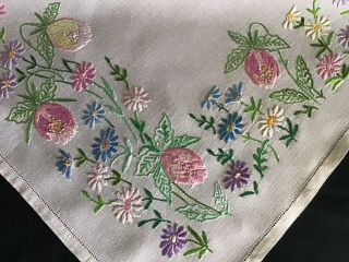 Exquisite Vintage Linen Hand Embroidered Tablecloth Stunning Floral Displays
