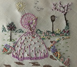 Stunning Vintage Linen Hand Embroidered Tablecloth Crinoline Ladies/gardens