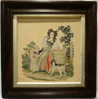 Small Mid 19th Century Needlepoint Of A Family With Their Pet Spaniel - C.  1860