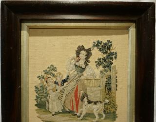 SMALL MID 19TH CENTURY NEEDLEPOINT OF A FAMILY WITH THEIR PET SPANIEL - c.  1860 2