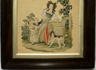 SMALL MID 19TH CENTURY NEEDLEPOINT OF A FAMILY WITH THEIR PET SPANIEL - c.  1860 3