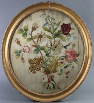 18th Century George Iii Silk Needlework Panel Depicting A Bouquet Of Flowers