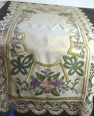 Antique Arts & Crafts Embroidered Runner Linen Uu501