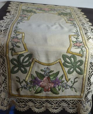 Antique Arts & Crafts Embroidered Linen Runner Uu500
