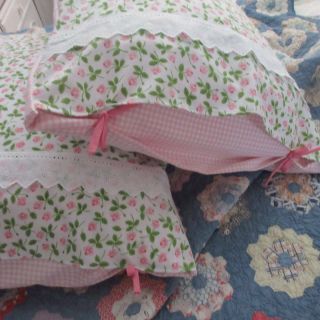 A Vintage Cottage Tied Pillow Shams Pink Roses & Gingham