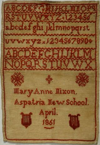 Mid 19th Century Red Stitch Work School Sampler By Mary Anne Nixon - April 1861