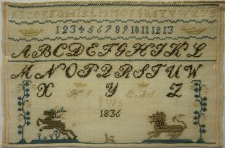 Small Early/mid 19th Century Dutch? Alphabet & Motif Sampler Initialled Iws 1836