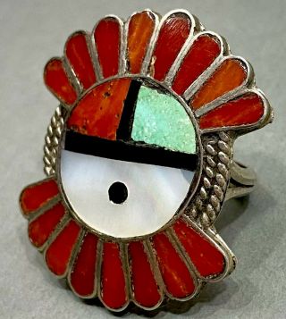 Huge Vintage Zuni Native American Sterling Silver Coral & Turquoise Inlay Ring