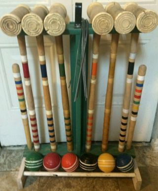 Vintage Wood Croquet Set With Rack 6 Mallets 6 Balls 9 Wickets 2 Stakes Antique
